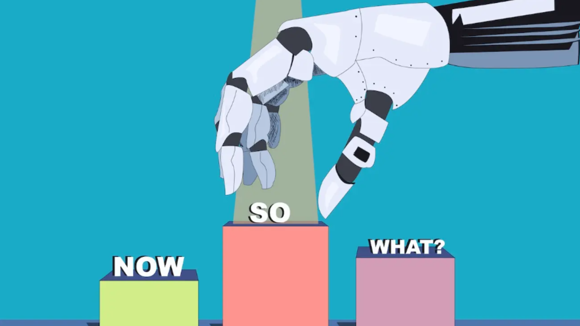'So now what' text with robotic hand